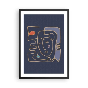 Poster in einem schwarzem Rahmen - Minimalistisches abstraktes Gesicht auf marineblauem Hintergrund im Line-Art-Stil - 50x70cm - In Gedanken - Moderne Wanddekoration für Wohnzimmer und Schlafzimmer ARTTOR
