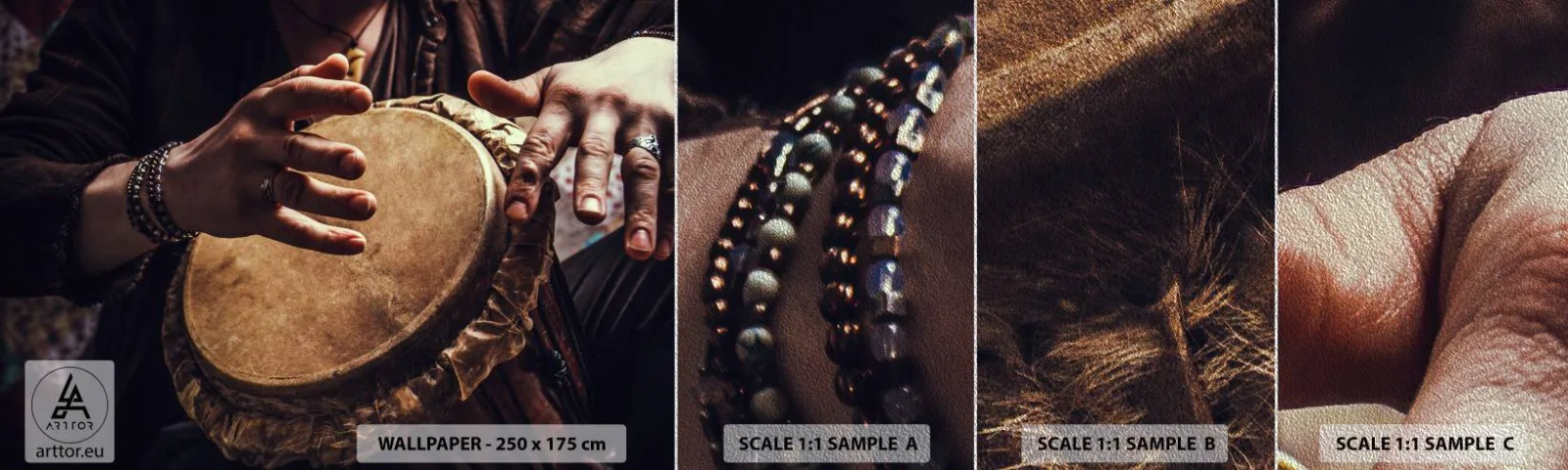 Fototapeten Muster Premium Sand - Im Rhythmus des Herzens - Trommelspiel, Afrika, Musik - 100x30 cm