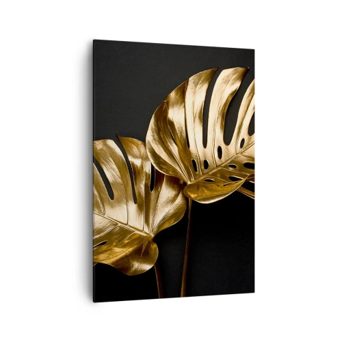 Bild auf Leinwand - Leinwandbild - Goldene Monstera-Blätter auf schwarzem Hintergrund - 70x100cm - Die Schätze der Natur - Moderne Wanddekoration für Wohnzimmer und Schlafzimmer ARTTOR
