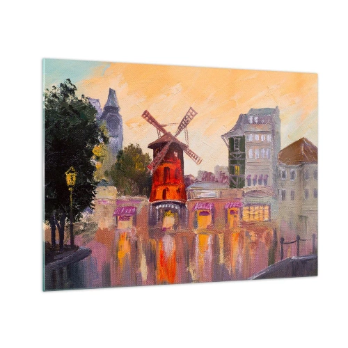 Glasbild - Bild auf glas - Die rote Windmühle des Moulin Rouge zwischen Pariser Mietshäusern - 70x50cm - Pariser Ikonen – Moulin Rouge - Moderne Wanddekoration für Wohnzimmer und Schlafzimmer ARTTOR