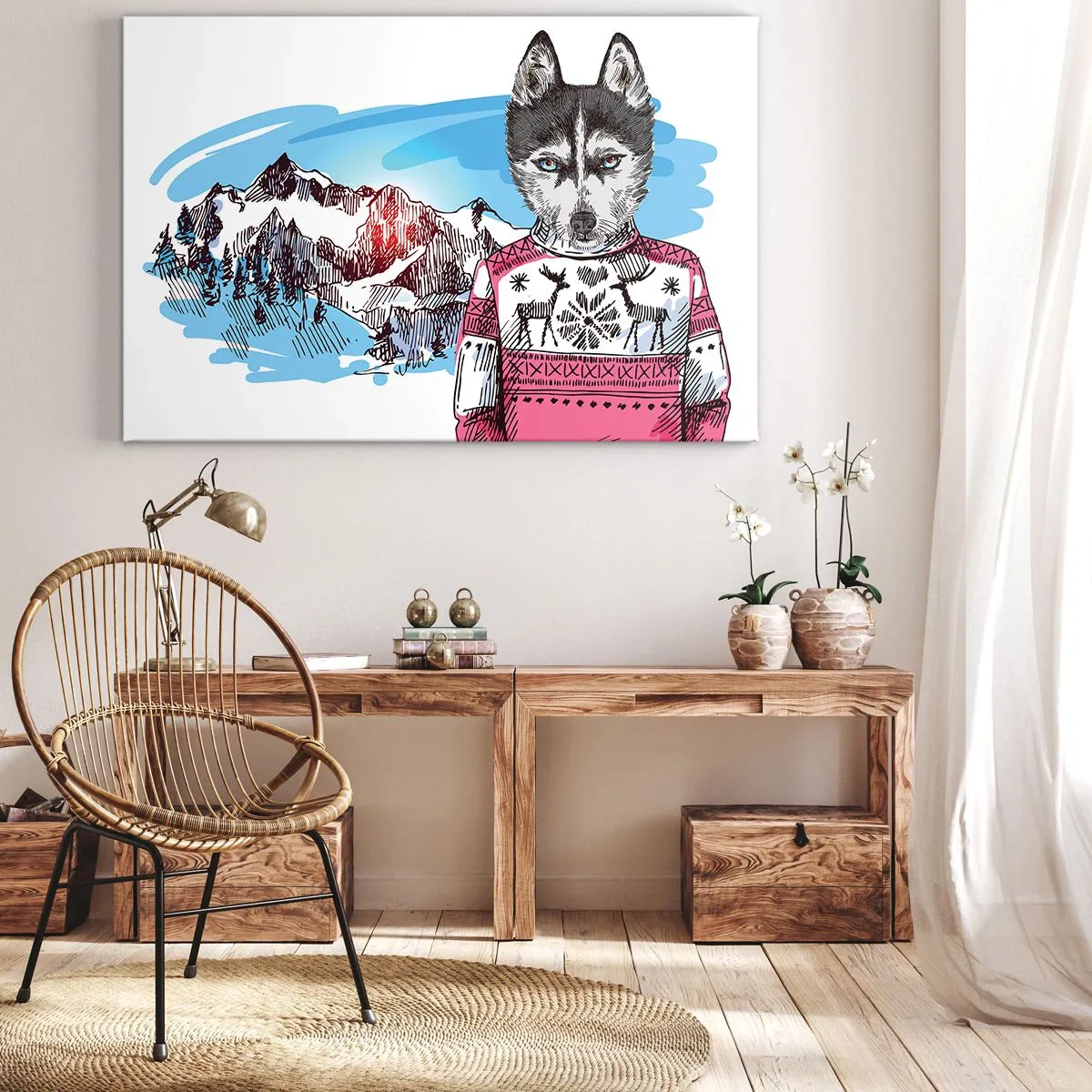 Bild auf Leinwand - Leinwandbild - Ein Wolf im Winterpullover vor einer Berglandschaft - 70x50cm - Ein Wolf in Schafwolle - Moderne Wanddekoration für Wohnzimmer und Schlafzimmer ARTTOR