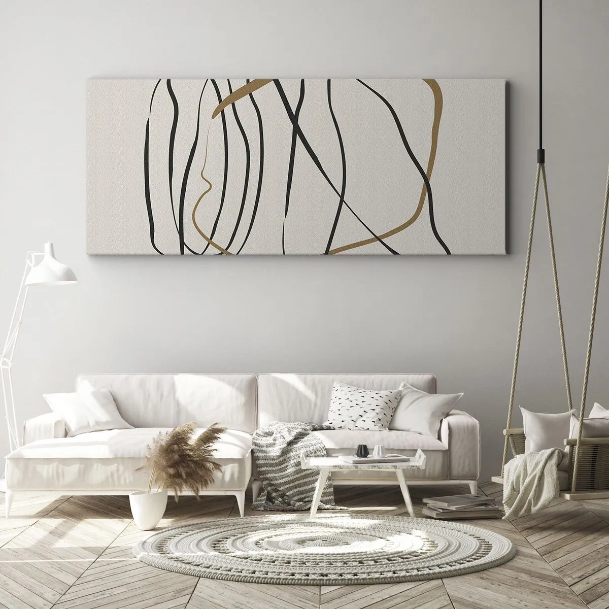 Bild auf Leinwand - Leinwandbild - Künstlerische Linien in Schwarz und Gold auf hellem Hintergrund - 160x50cm - Komposition – Looptanz - Moderne Wanddekoration für Wohnzimmer und Schlafzimmer ARTTOR