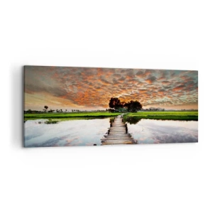 Bild auf Leinwand - Leinwandbild - Holzbrücke über dem Wasser bei Sonnenuntergang - 120x50cm - Arme ausstrecken - atmen - Moderne Wanddekoration für Wohnzimmer und Schlafzimmer ARTTOR