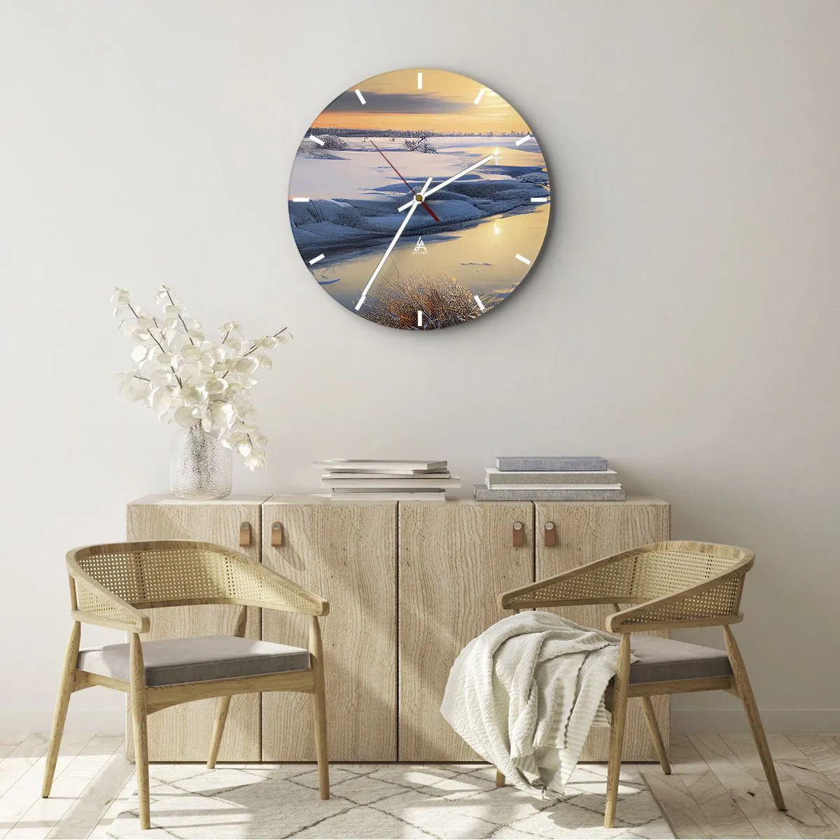 Wanduhr - Glasuhr - Winterlandschaft mit Fluss und untergehender Sonne - 30x30cm - Wintersonnenuntergang - Moderne Wanddekoration für Wohnzimmer, Küche und Schlafzimmer ARTTOR