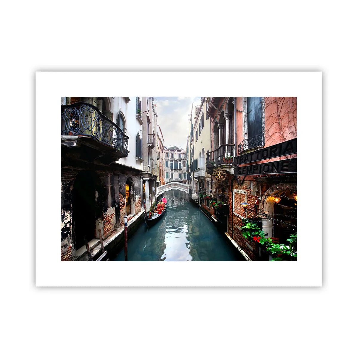 Poster - Venezianische Landschaft mit Gondel und Brücke - 40x30 cm