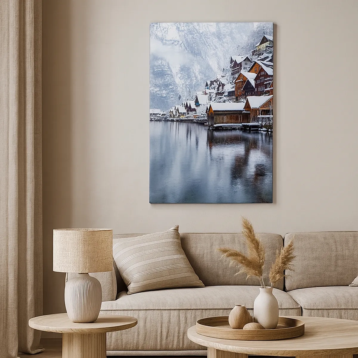 Bild auf Leinwand - Leinwandbild - Winteransicht eines Bergdorfes am See - 50x70cm - In winterlicher Dekoration - Moderne Wanddekoration für Wohnzimmer und Schlafzimmer ARTTOR