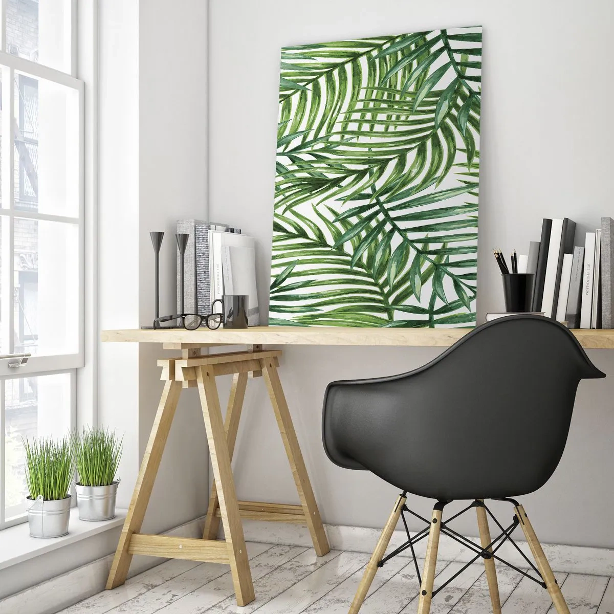 Glasbild - Bild auf glas - Grüne Palmblätter auf weißem Hintergrund erzeugen ein geometrisches Muster - 50x70cm - Unter dem grünen Baldachin - Moderne Wanddekoration für Wohnzimmer und Schlafzimmer ARTTOR