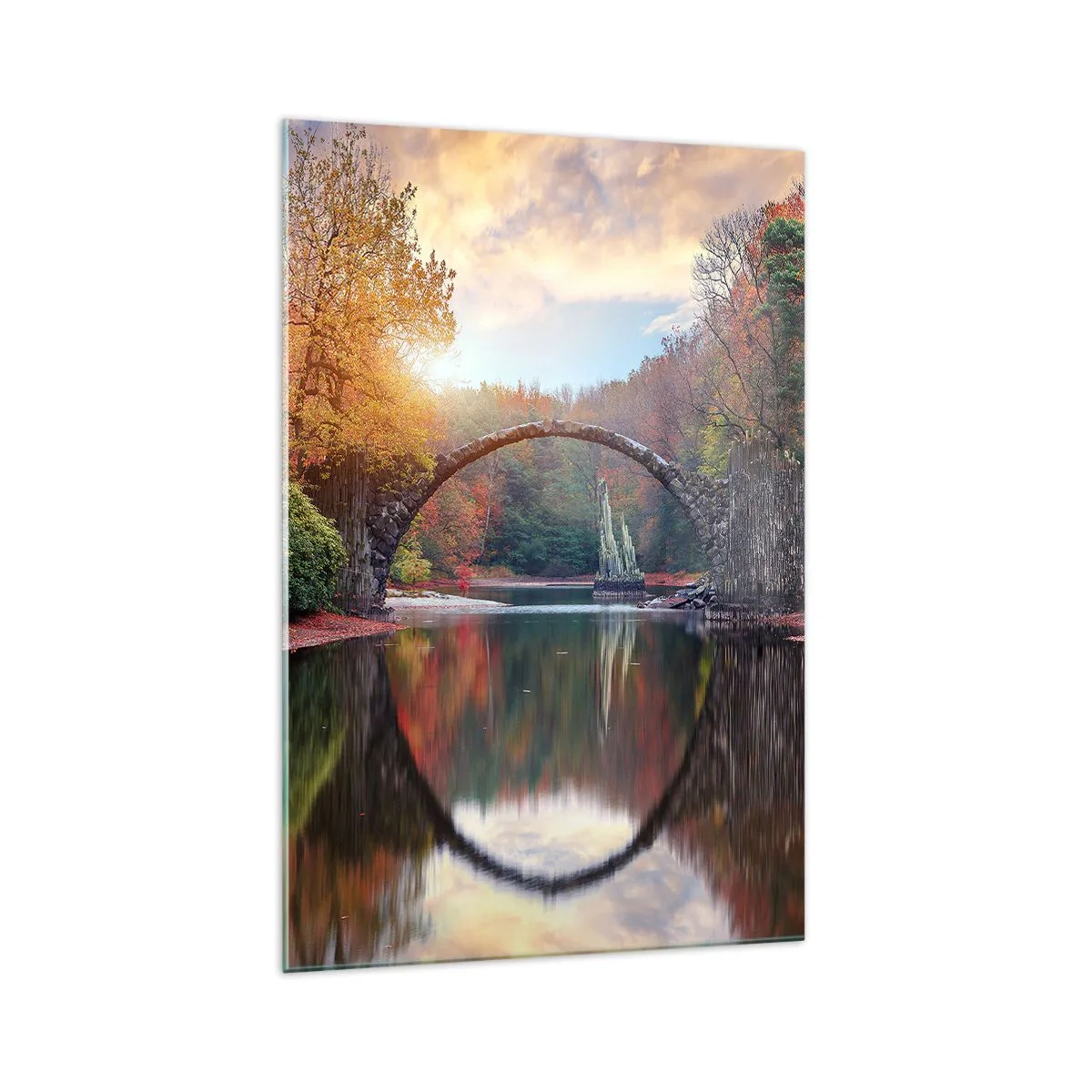 Glasbild - Bild auf glas - Eine Steinbrücke in einer Herbstlandschaft über ruhigem Wasser - 70x100cm - Auf der anderen Seite des Spiegels - Moderne Wanddekoration für Wohnzimmer und Schlafzimmer ARTTOR