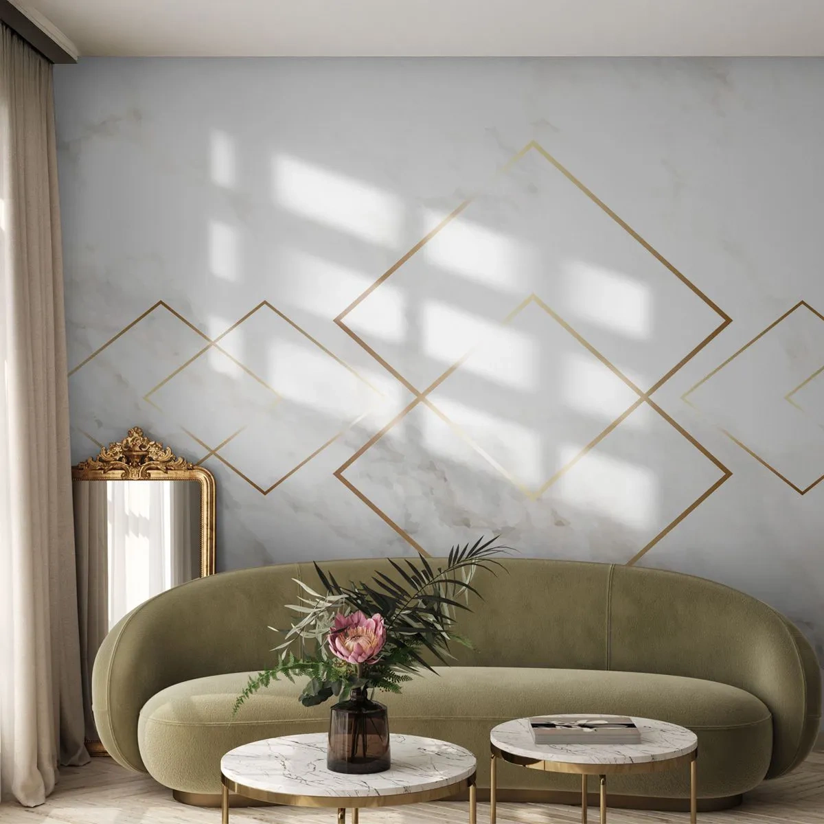 Fototapete Premium Sand - Weißer Marmorhintergrund mit goldenen geometrischen Mustern - 100x70cm - Ein Blick in die Unendlichkeit - Moderne Wanddekoration für Wohnzimmer und Schlafzimmer ARTTOR