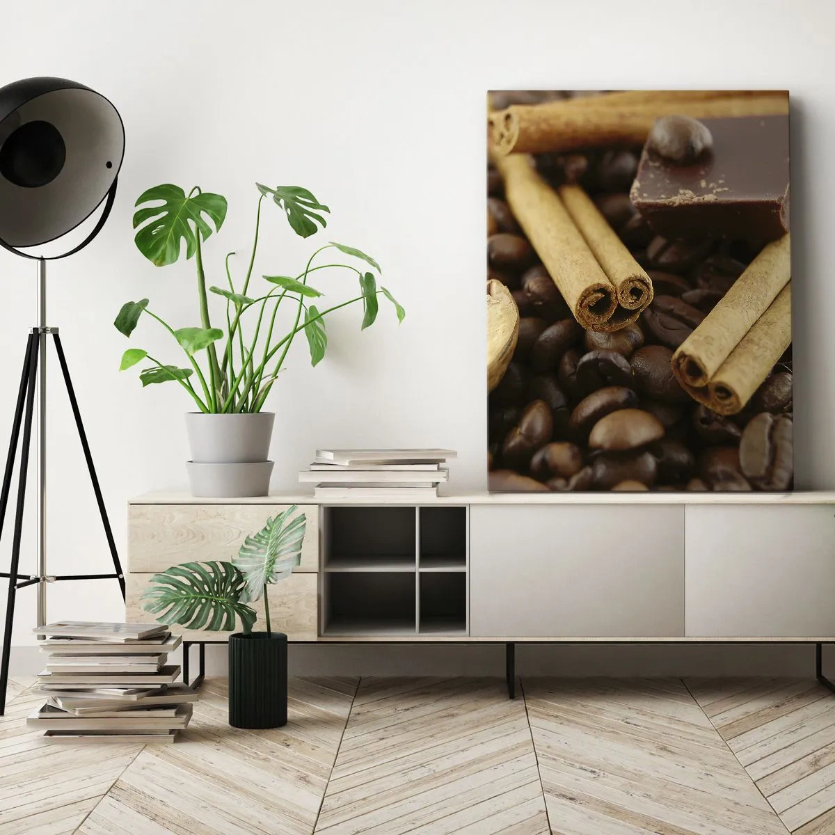 Bild auf Leinwand - Leinwandbild - Kaffeebohnen mit Zimtstangen, Schokolade und Walnuss. - 50x70cm - Konzert der Aromen - Moderne Wanddekoration für Wohnzimmer und Schlafzimmer ARTTOR