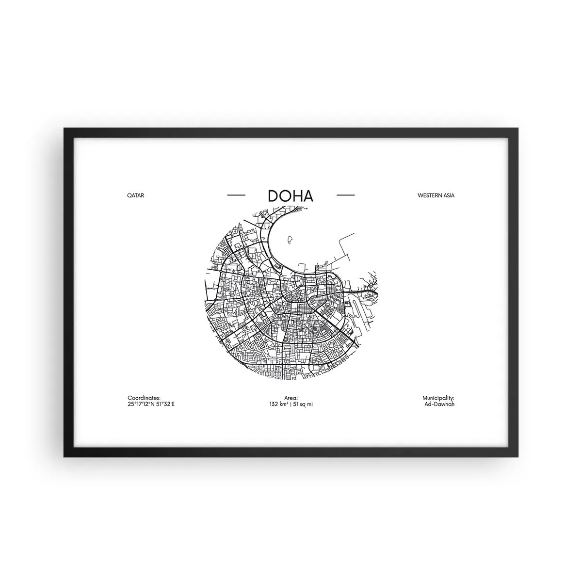 Poster in einem schwarzem Rahmen - Eine minimalistische Karte von Doha in Schwarzweiß mit präzisen Details. - 70x50cm - Anatomie von Doha - Moderne Wanddekoration für Wohnzimmer und Schlafzimmer ARTTOR