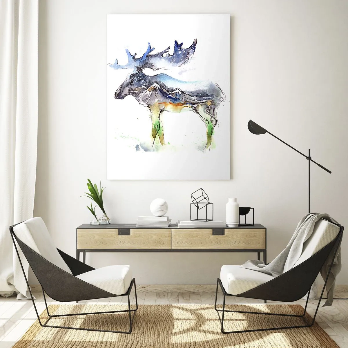 Glasbild - Bild auf glas - Aquarell-Silhouette eines Elches mit Berglandschaft - 70x100cm - Der Held eines Wintermärchens - Moderne Wanddekoration für Wohnzimmer und Schlafzimmer ARTTOR