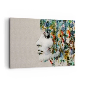 Bild auf Leinwand - Leinwandbild - Profil einer Frau in Aquarellfarben mit abstraktem Hintergrund - 120x80cm - Sie tauchte aus dem Grau auf - Moderne Wanddekoration für Wohnzimmer und Schlafzimmer ARTTOR