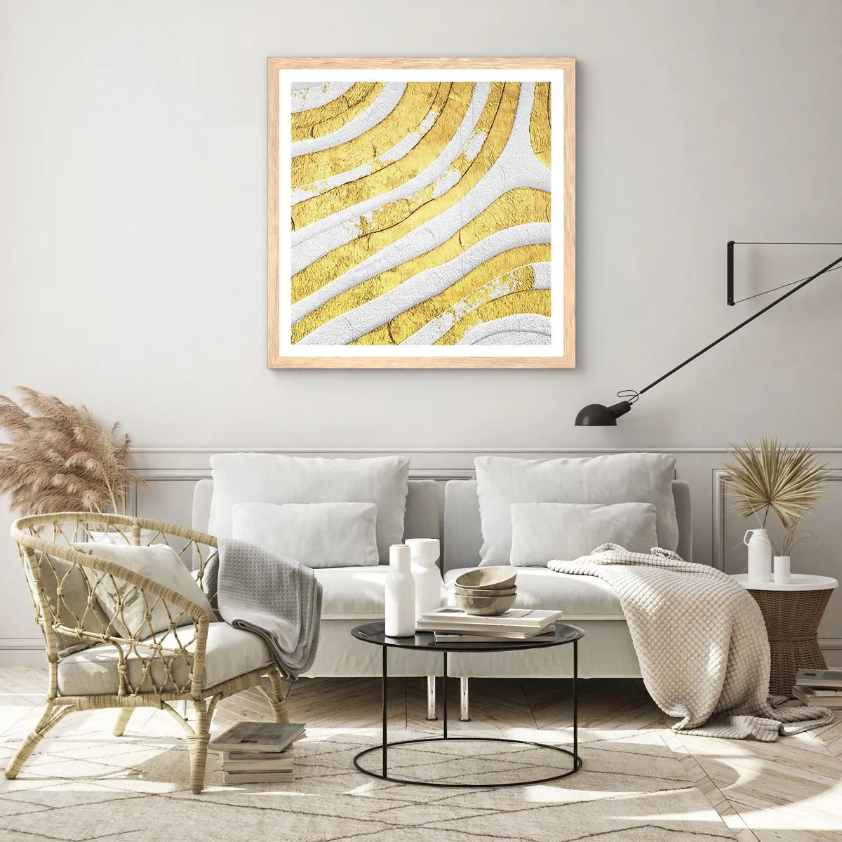 Poster in einem Rahmen aus heller Eiche - Komposition in Weiß und Gold - 30x30 cm