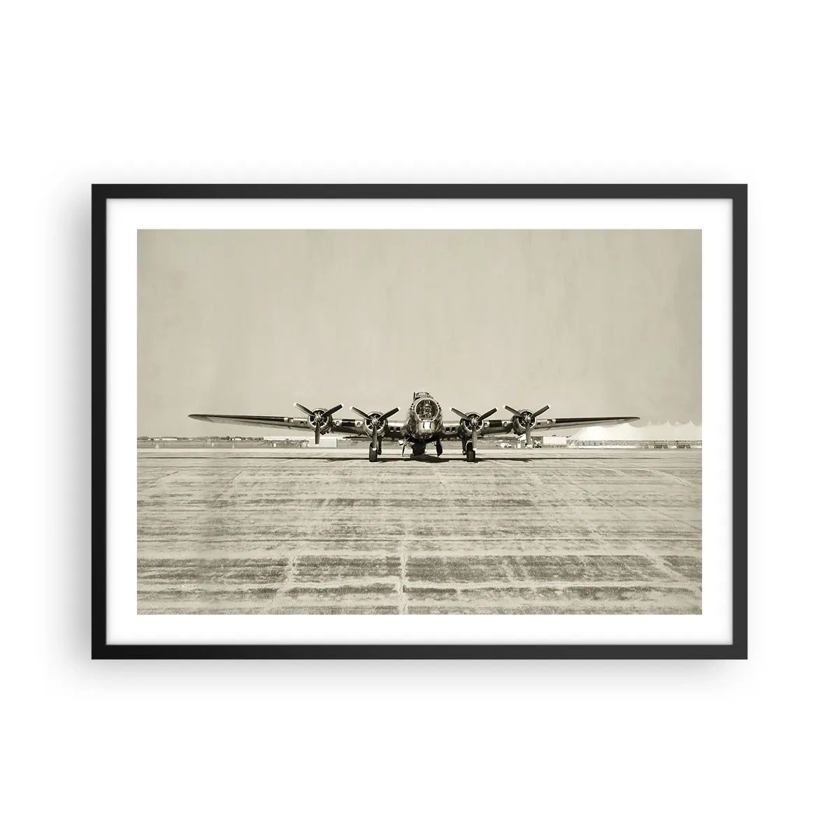 Poster in einem schwarzem Rahmen - Historisches Flugzeug auf dem Flughafen in Sepia - 70x50cm - Wie immer bereit - Moderne Wanddekoration für Wohnzimmer und Schlafzimmer ARTTOR
