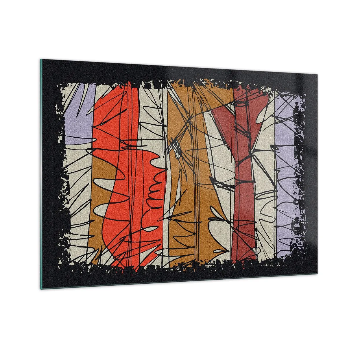 Glasbild - Bild auf glas - Grafische Abstraktion mit farbigen Streifen und schwarzen Linien - 100x70cm - Spontane Komposition - Moderne Wanddekoration für Wohnzimmer und Schlafzimmer ARTTOR