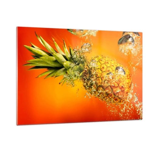 Glasbild - Bild auf glas - Ananas in Wasser getaucht vor einem Hintergrund von intensivem Orange - 120x80cm - Tropisch saftige Frische - Moderne Wanddekoration für Wohnzimmer und Schlafzimmer ARTTOR