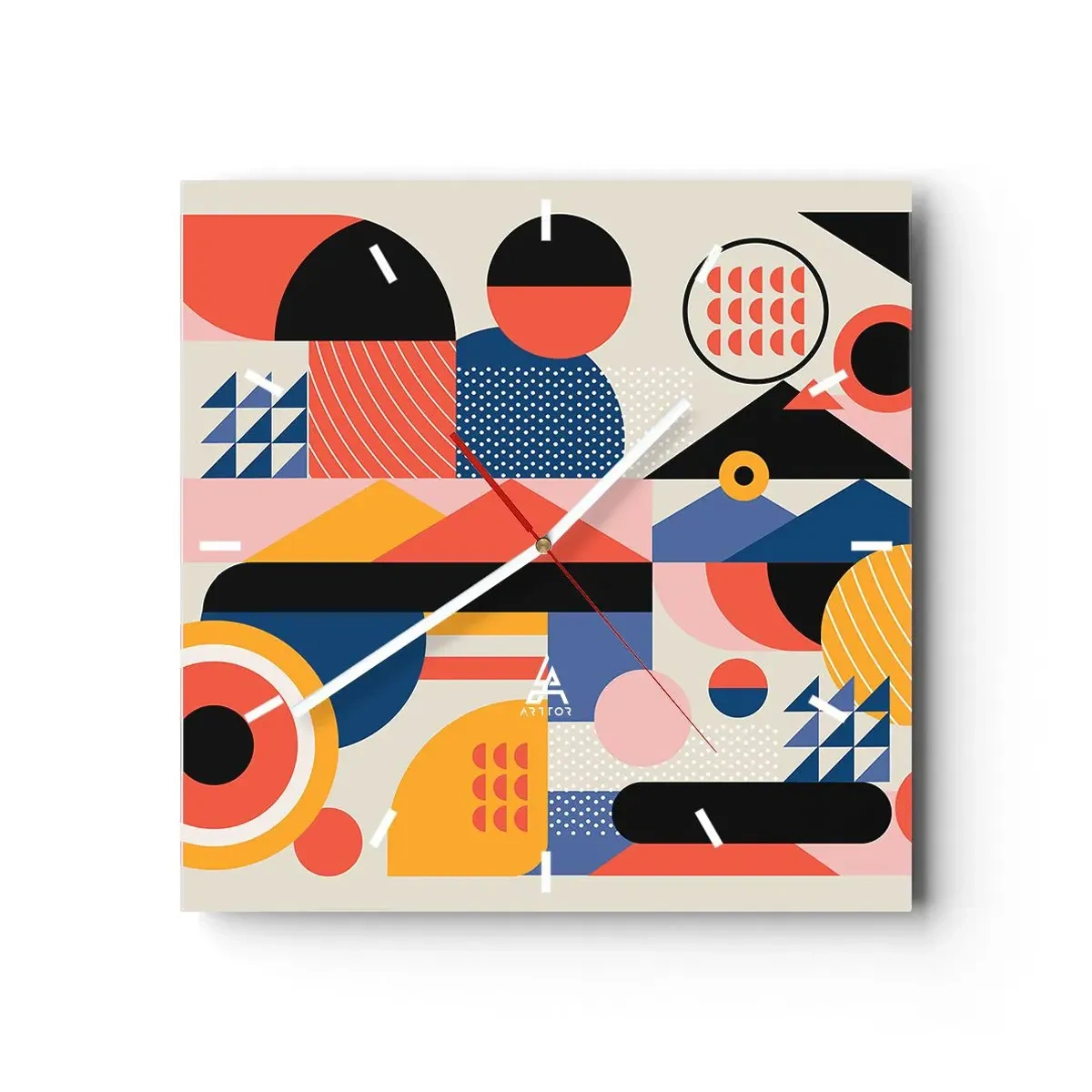Wanduhr - Glasuhr - Bunte geometrische Formen im Retro-Stil - 30x30cm - Komposition: Na, los, spiel! - Moderne Wanddekoration für Wohnzimmer und Schlafzimmer ARTTOR