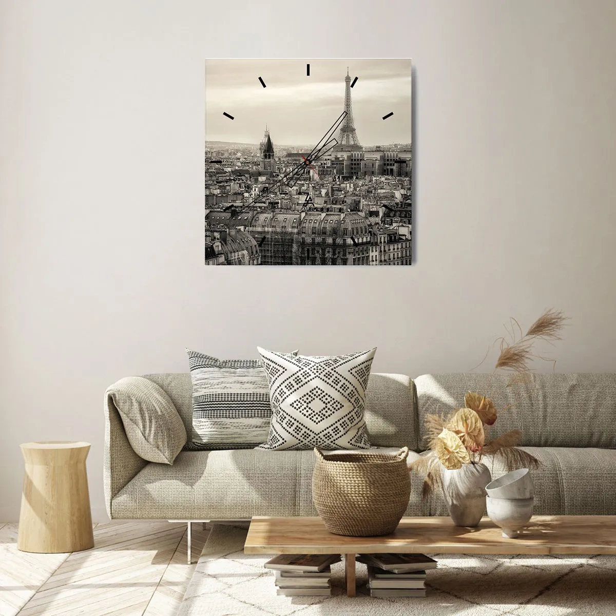 Wanduhr - Glasuhr - Panorama von Paris mit dem Eiffelturm in Sepiatönen - 30x30cm - Über den Dächern von Paris - Moderne Wanddekoration für Wohnzimmer und Schlafzimmer ARTTOR