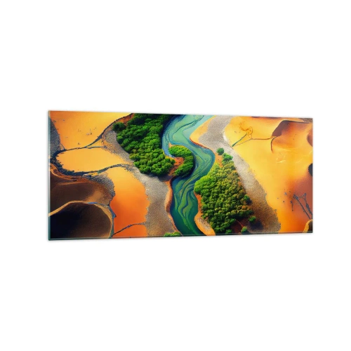 Glasbild - Bild auf glas - Ein grüner Fluss, umgeben von goldenem Sand und Vegetation - 120x50cm - Lebensspendender Fluss - Moderne Wanddekoration für Wohnzimmer und Schlafzimmer ARTTOR
