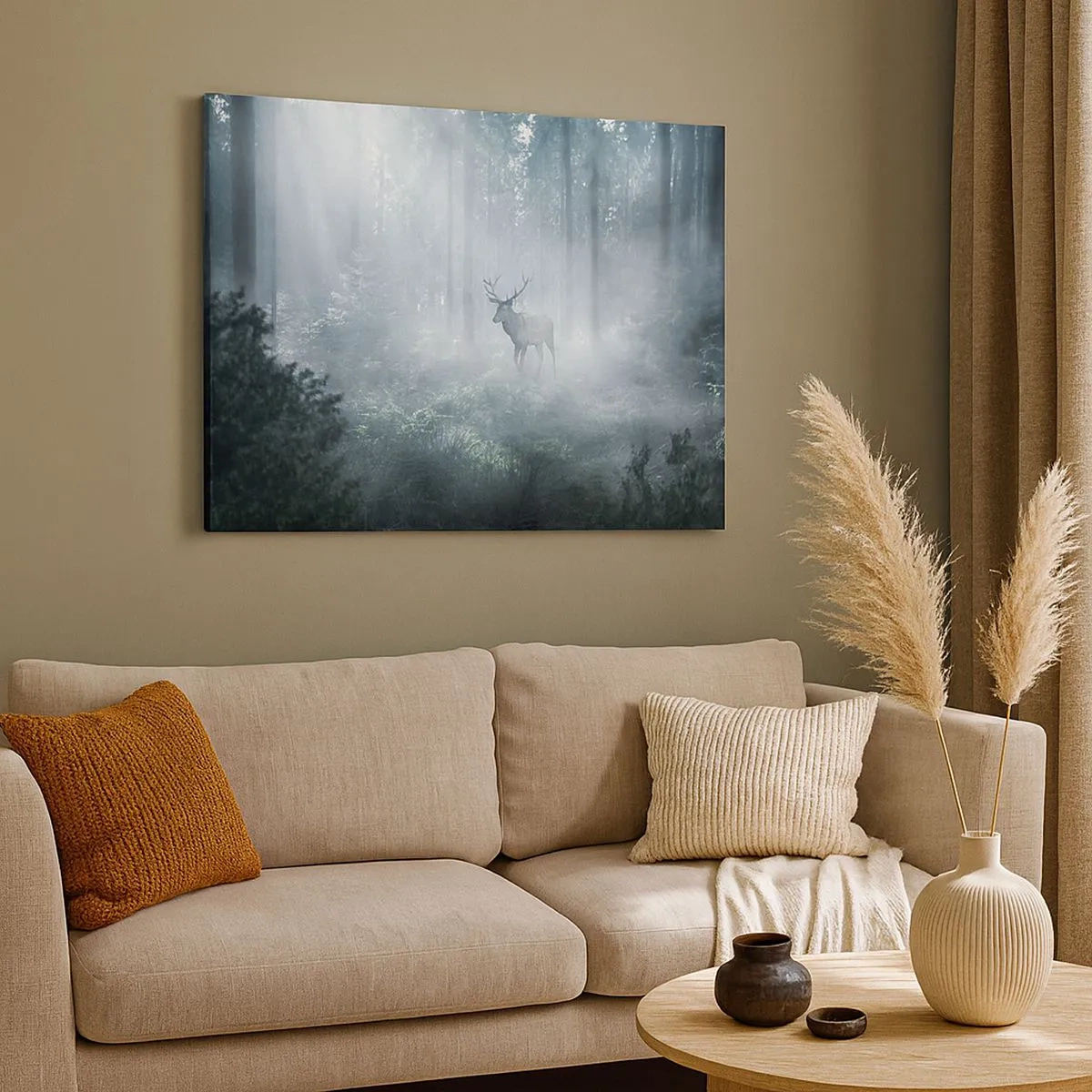 Bild auf Leinwand - Leinwandbild - Ein Hirsch in einem dichten Wald, eingehüllt in Morgennebel - 70x50cm - Morgenvisite auf dem Grundstück - Moderne Wanddekoration für Wohnzimmer und Schlafzimmer ARTTOR
