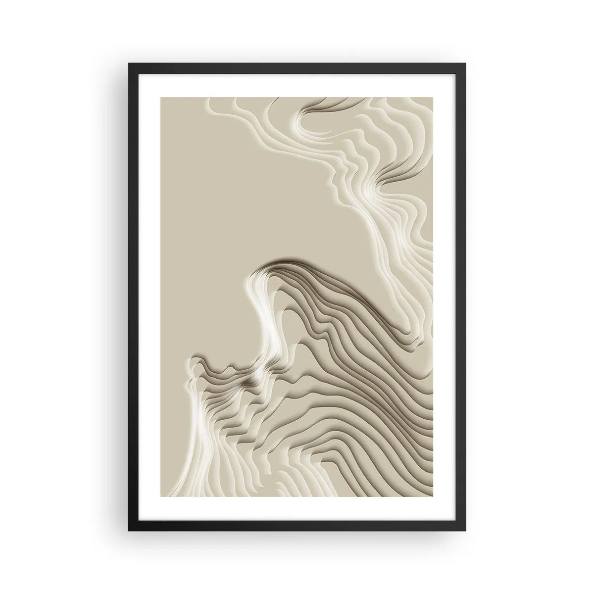 Poster in einem schwarzem Rahmen - Gestufte Wellen in Beige- und Brauntönen - 50x70cm - Topographie der Kunst - Moderne Wanddekoration für Wohnzimmer und Schlafzimmer ARTTOR