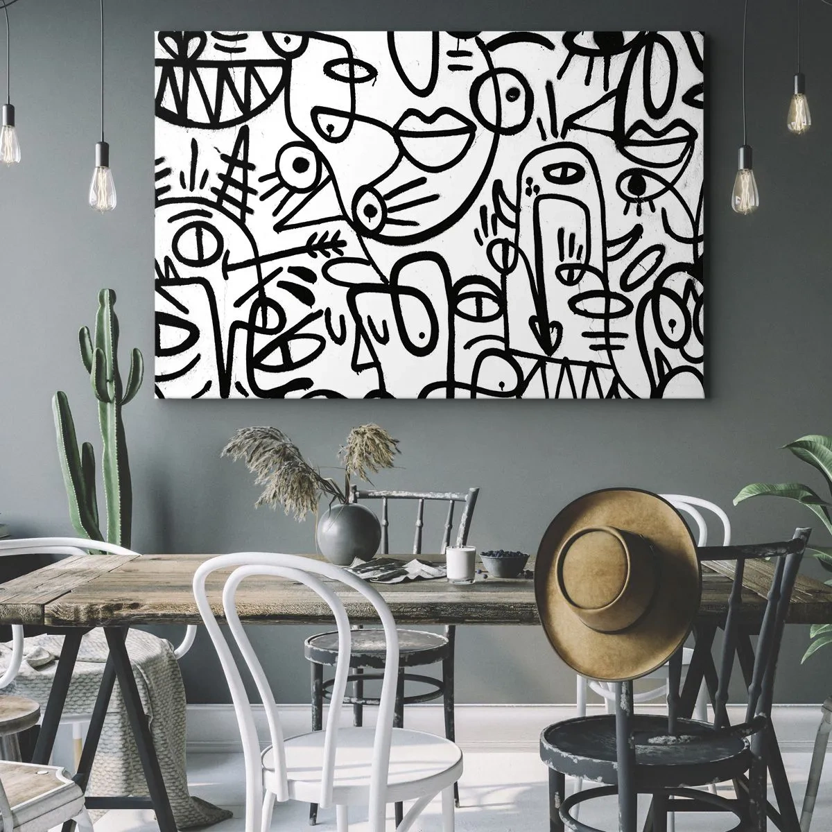 Bild auf Leinwand - Leinwandbild - Schwarz-weiße abstrakte Zeichnungen mit Gesichtsmotiven - 70x50cm - Gesichter und Luftspiegelungen - Moderne Wanddekoration für Wohnzimmer und Schlafzimmer ARTTOR