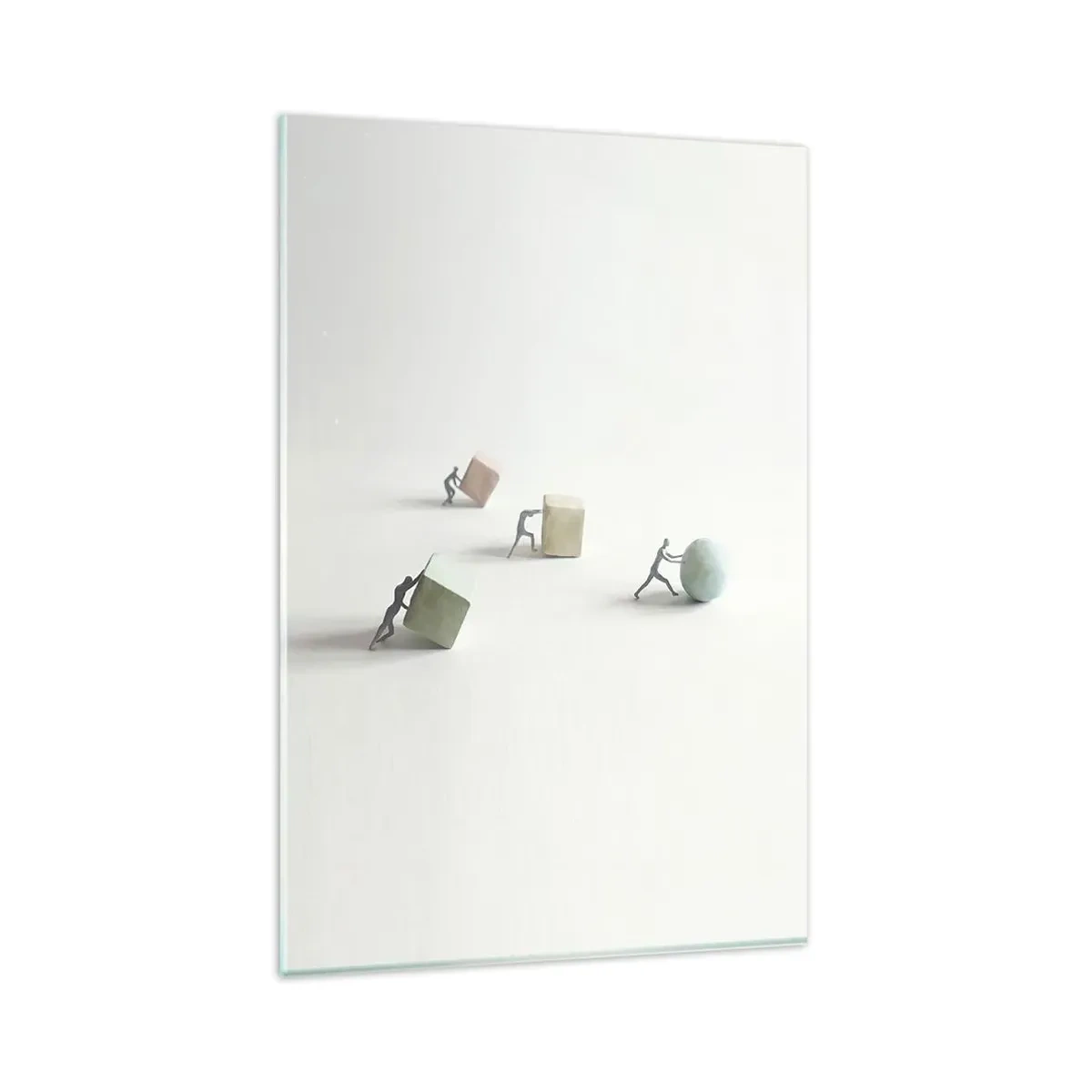 Glasbild - Bild auf glas - Miniaturfiguren, die Formen vor einem hellen Hintergrund schieben - 80x120cm - Pures Leben - Moderne Wanddekoration für Wohnzimmer und Schlafzimmer ARTTOR