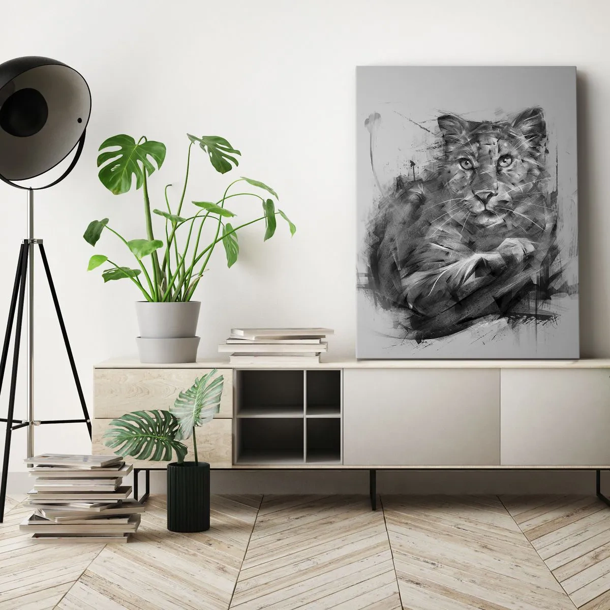 Bild auf Leinwand - Leinwandbild - Schwarz-Weiß-Porträt eines Löwen im künstlerischen Stil mit dynamischen Strichen. - 50x70cm - Ja, ich höre aufmerksam zu - Moderne Wanddekoration für Wohnzimmer und Schlafzimmer ARTTOR