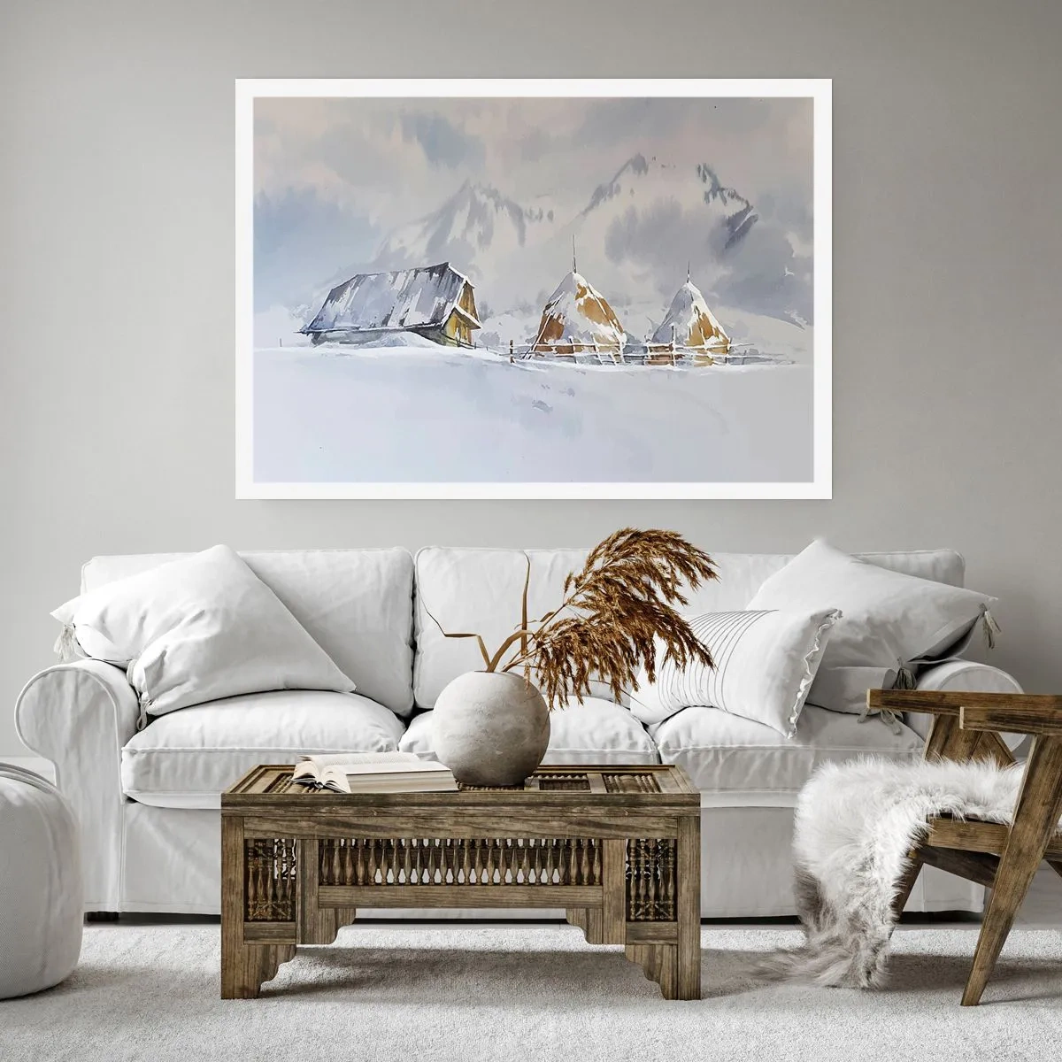 Poster - Winterlandschaft mit Hütte und Heuhaufen in den Bergen - 100x70cm - In einem verschneiten Talkessel - Moderne Wanddekoration für Wohnzimmer und Schlafzimmer ARTTOR