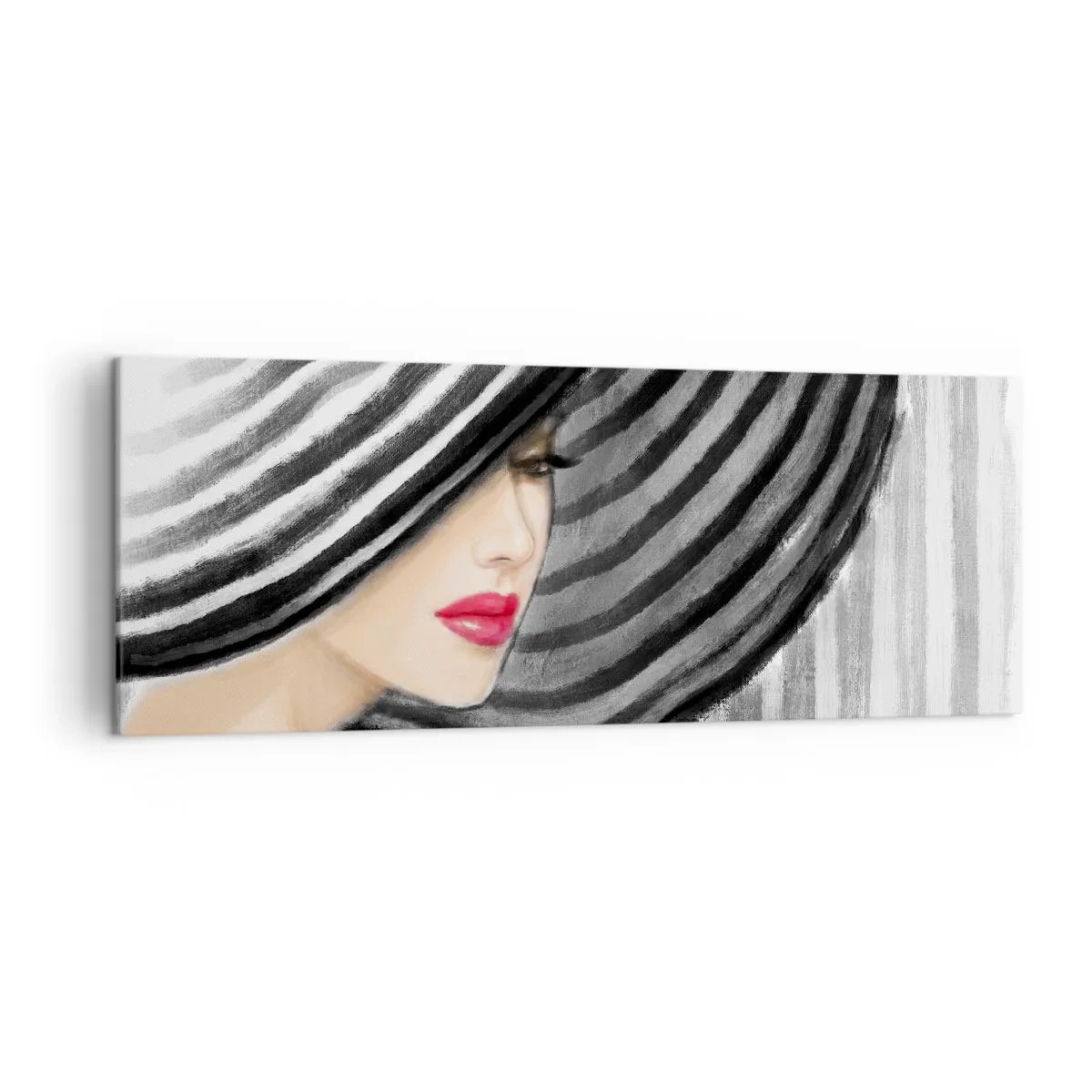 Bild auf Leinwand - Leinwandbild - Frau trägt einen schwarz-weißen Hut mit rotem Akzent - 140x50cm - Wo soll ich dich finden? - Moderne Wanddekoration für Wohnzimmer und Schlafzimmer ARTTOR