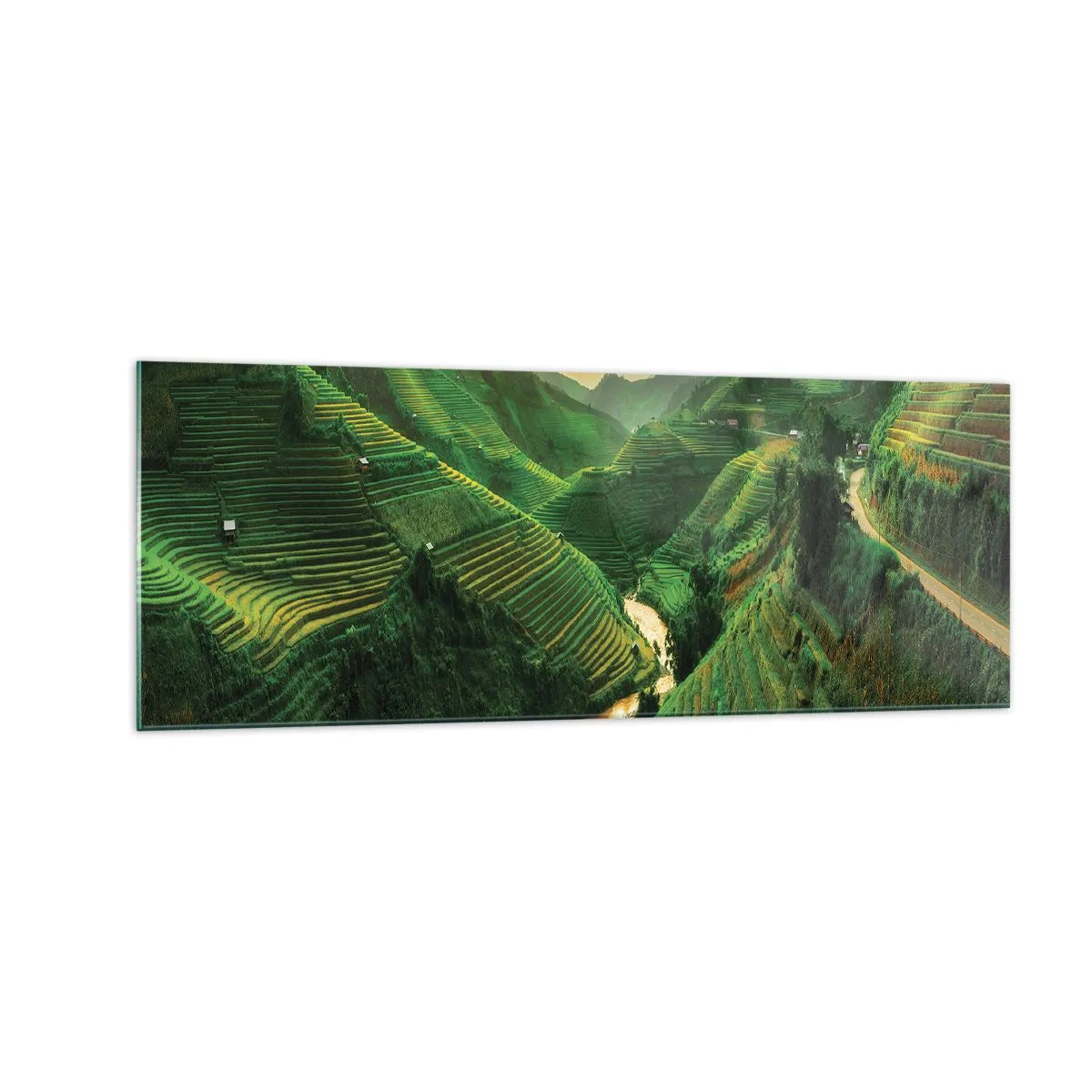 Glasbild - Bild auf glas - Malerische Reisterrassen in einem grünen Tal, beleuchtet von der untergehenden Sonne - 140x50cm - Vietnamesisches Tal - Moderne Wanddekoration für Wohnzimmer und Schlafzimmer ARTTOR