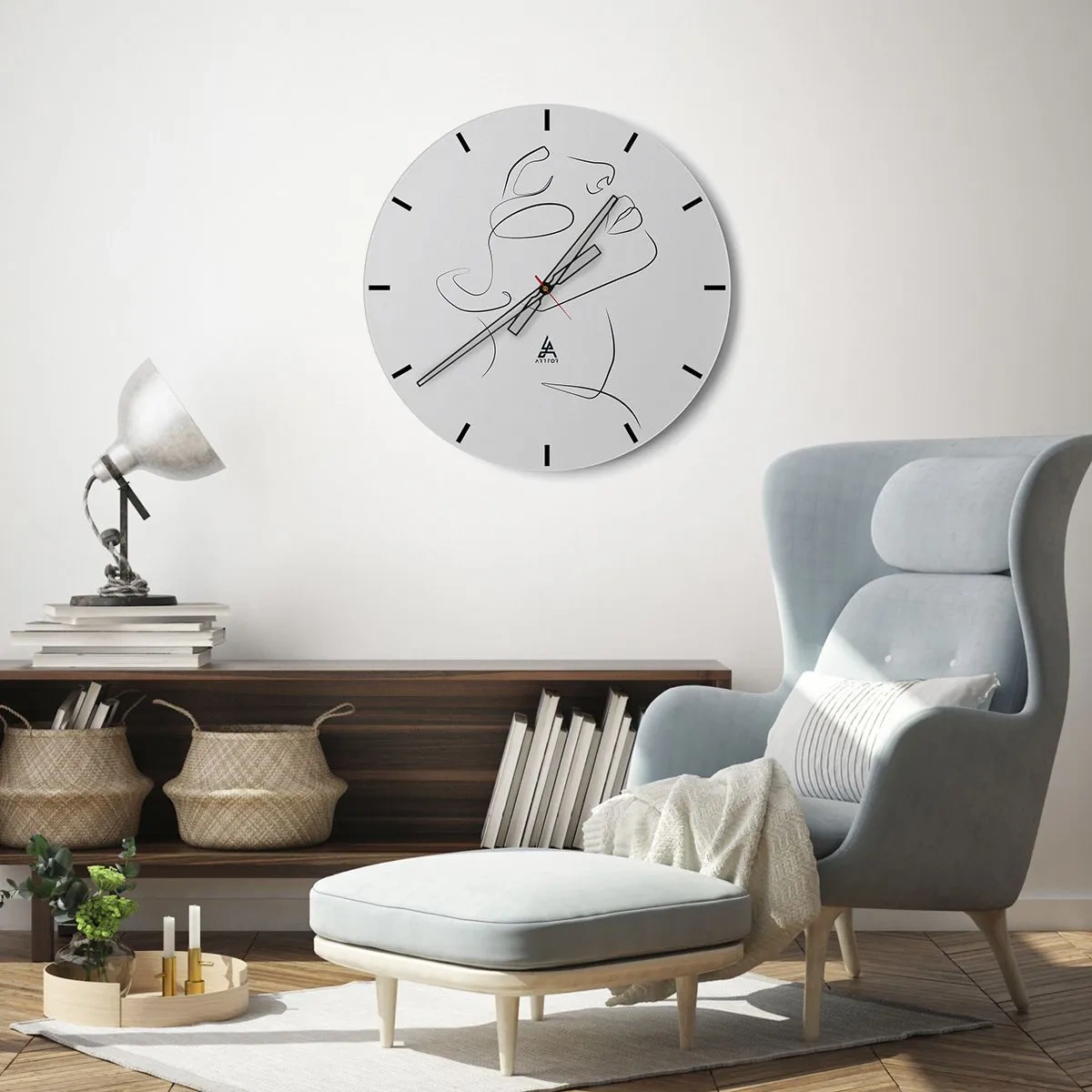 Wanduhr - Glasuhr - Ein minimalistisches Porträt einer Frau mit Linien auf weißem Hintergrund. - 30x30cm - Die Drehungen und Wendungen der Träume - Moderne Wanddekoration für Wohnzimmer, Küche und Schlafzimmer ARTTOR