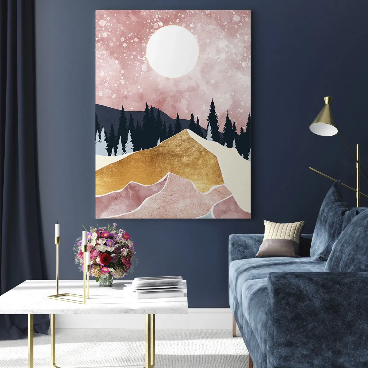 Glasbild - Bild auf glas - Berge und Wald im Mondlicht vor einem rosa Himmel - 50x70cm - Nachtwache - Moderne Wanddekoration für Wohnzimmer und Schlafzimmer ARTTOR