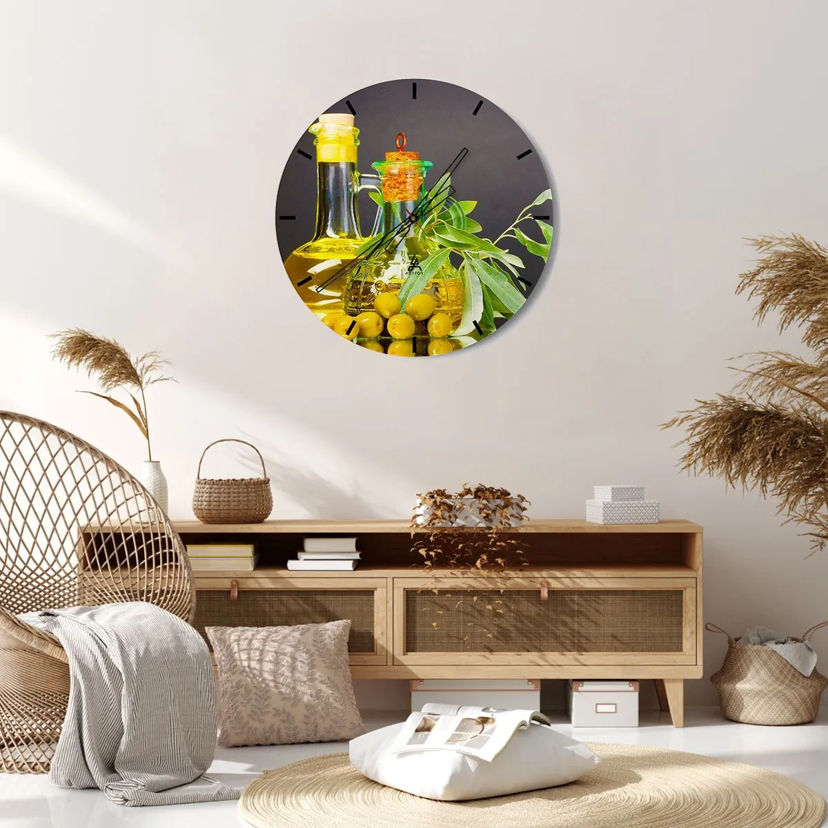 Wanduhr - Glasuhr - Stillleben mit Oliven und Olivenöl - 30x30 cm