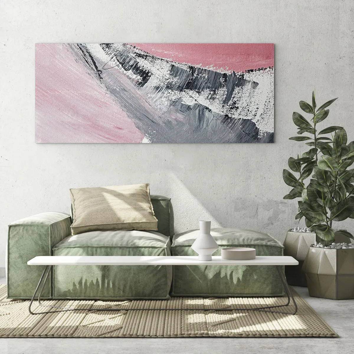 Glasbild - Bild auf glas - Eine abstrakte Komposition in Rosa- und Grautönen. - 120x50cm - Passende Komposition - Moderne Wanddekoration für Wohnzimmer und Schlafzimmer ARTTOR