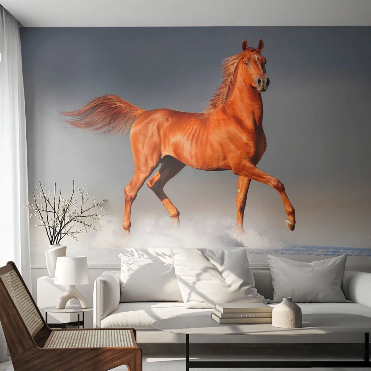 Fototapete Premium Sand - Ein galoppierendes Fuchspferd vor einer Winterlandschaft - 100x70cm - Tanzende Anmut - Moderne Wanddekoration für Wohnzimmer und Schlafzimmer ARTTOR