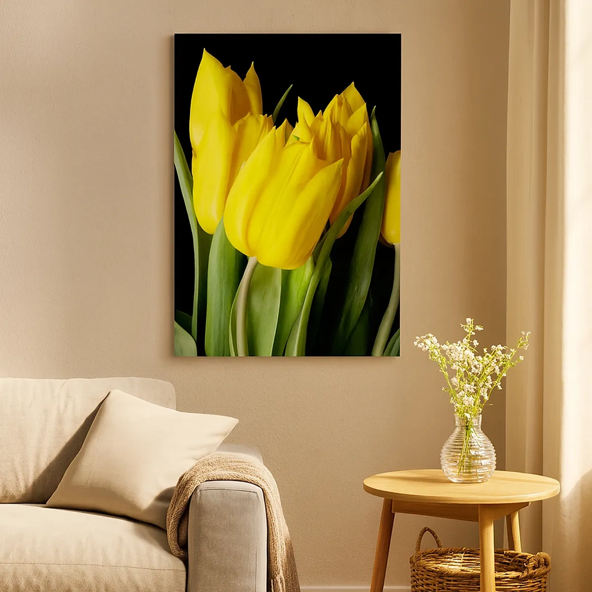 Bild auf Leinwand - Leinwandbild - Ein Strauß gelber Tulpen auf schwarzem Hintergrund - 50x70cm - Aus klarer Sonne entstanden - Moderne Wanddekoration für Wohnzimmer und Schlafzimmer ARTTOR