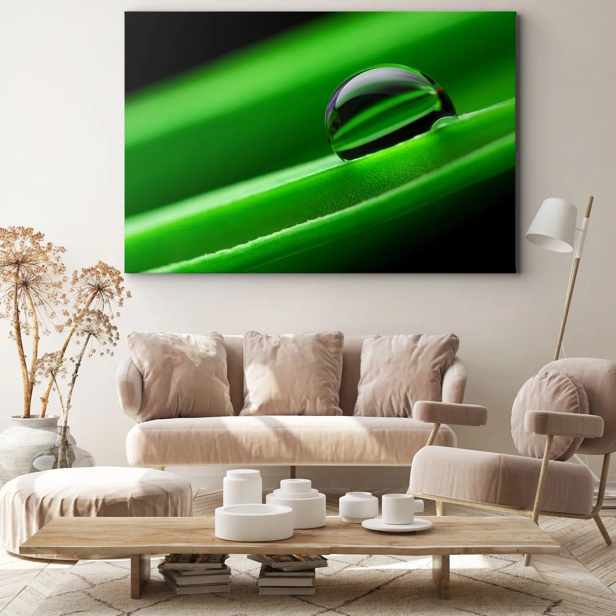 Bild auf Leinwand - Leinwandbild - Nahaufnahme eines Tautropfens auf einem grünen Blatt - 100x70cm - Leben hautnah - Moderne Wanddekoration für Wohnzimmer und Schlafzimmer ARTTOR