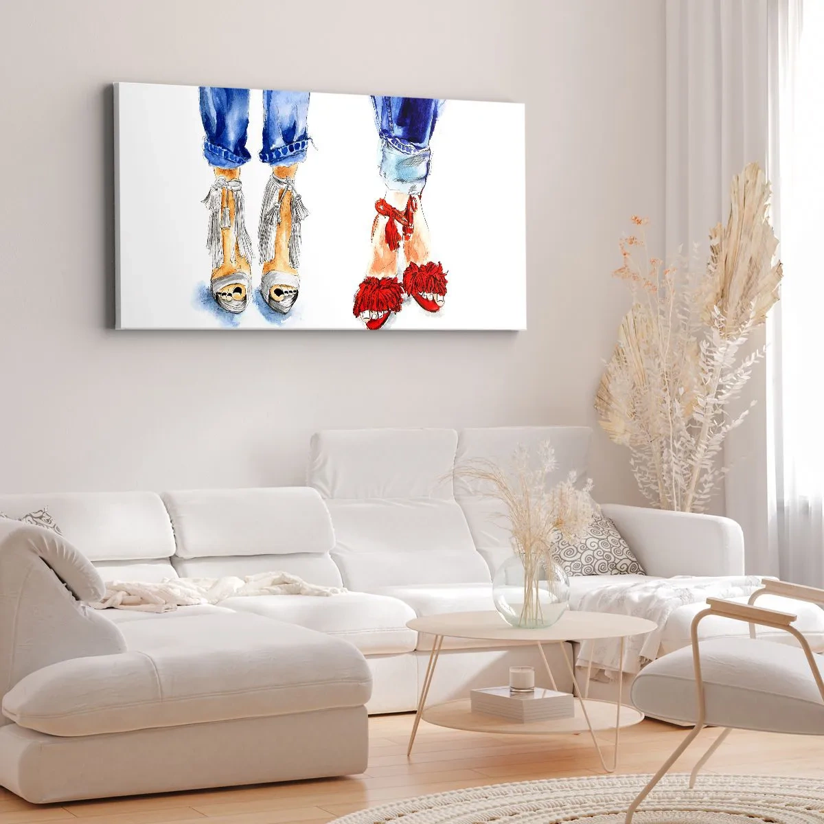 Bild auf Leinwand - Leinwandbild - Abbildung von zwei Paar Schuhen in stylischen Sandalen und Jeans - 160x50cm - Vielleicht gehen wir spazieren? - Moderne Wanddekoration für Wohnzimmer und Schlafzimmer ARTTOR