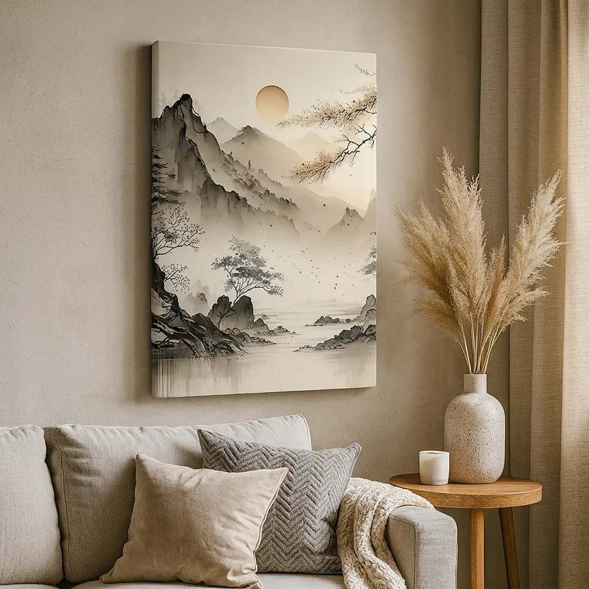 Bild auf Leinwand - Leinwandbild - Eine orientalische Landschaft mit Bergen und einer Pagode in zarten Farbtönen. - 50x70cm - Einzigartiger Charme des Orients - Moderne Wanddekoration für Wohnzimmer und Schlafzimmer ARTTOR