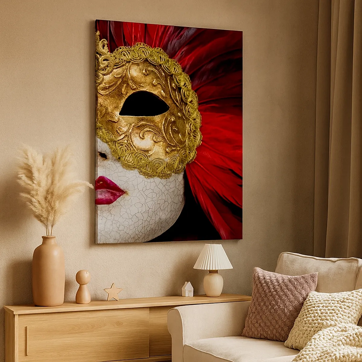 Bild auf Leinwand - Leinwandbild - Goldene venezianische Maske mit roten Federn - 50x70cm - Das Versprechen eines Karnevalsabenteuers - Moderne Wanddekoration für Wohnzimmer und Schlafzimmer ARTTOR