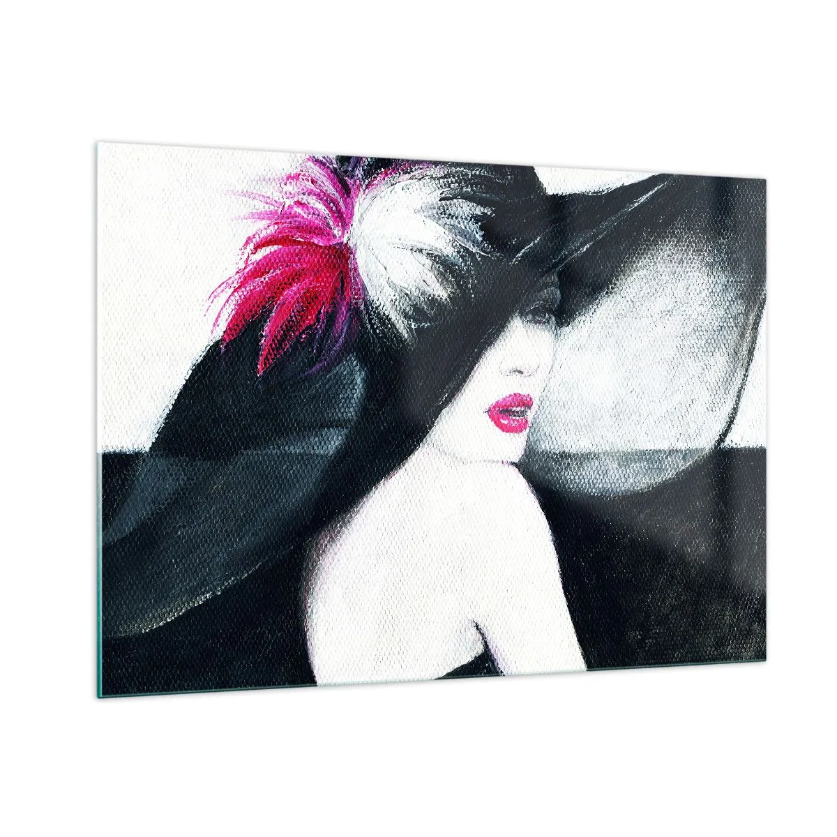 Glasbild - Bild auf glas - Porträt einer Frau mit großem Hut und rosa Feder - 100x70cm - Immer ein Geheimnis - Moderne Wanddekoration für Wohnzimmer und Schlafzimmer ARTTOR
