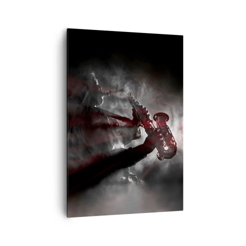 Bild auf Leinwand - Leinwandbild - Saxophonist im Rauch auf der Bühne in stimmungsvollem Schwarz und Rot - 70x100cm - In den Dämpfen des Jazz - Moderne Wanddekoration für Wohnzimmer und Schlafzimmer ARTTOR