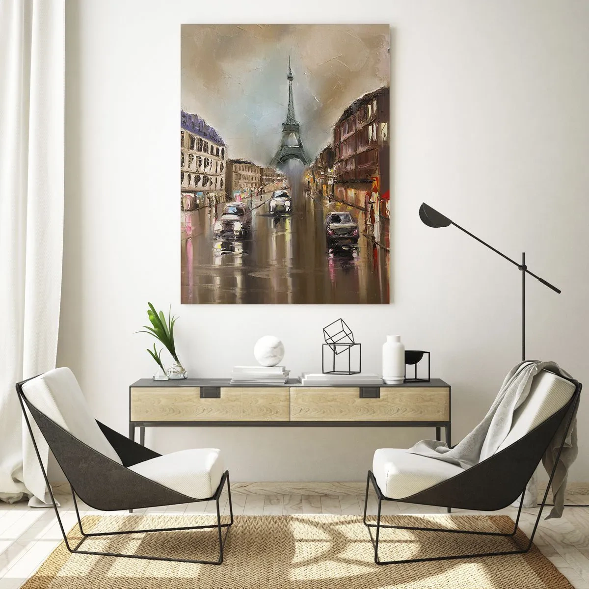 Glasbild - Bild auf glas - Abendliches Straßenbild von Paris mit Blick auf den Eiffelturm - 70x100cm - Nur sie zählt - Moderne Wanddekoration für Wohnzimmer und Schlafzimmer ARTTOR