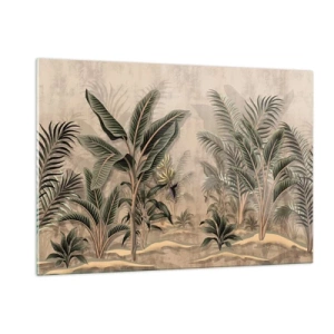 Glasbild - Bild auf glas - Tropische Pflanzen auf beigem Untergrund im Kolonialstil - 120x80cm - Eine Gravur im Kolonialstil - Moderne Wanddekoration für Wohnzimmer und Schlafzimmer ARTTOR