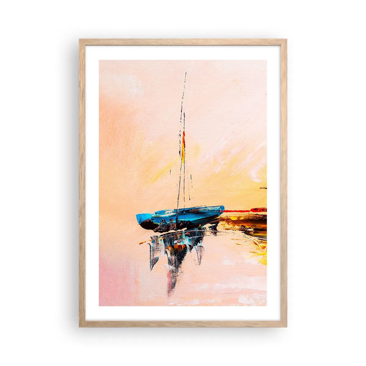 Poster in einem Rahmen aus heller Eiche - Abend im Yachthafen - 50x70 cm
