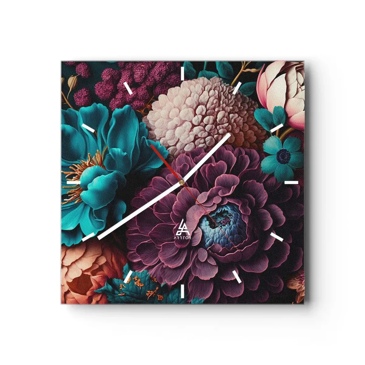 Wanduhr - Glasuhr - Ein Blumenstrauß in intensiven Farben auf dunklem Hintergrund - 30x30cm - Natur in Hülle und Fülle - Moderne Wanddekoration für Wohnzimmer und Schlafzimmer ARTTOR