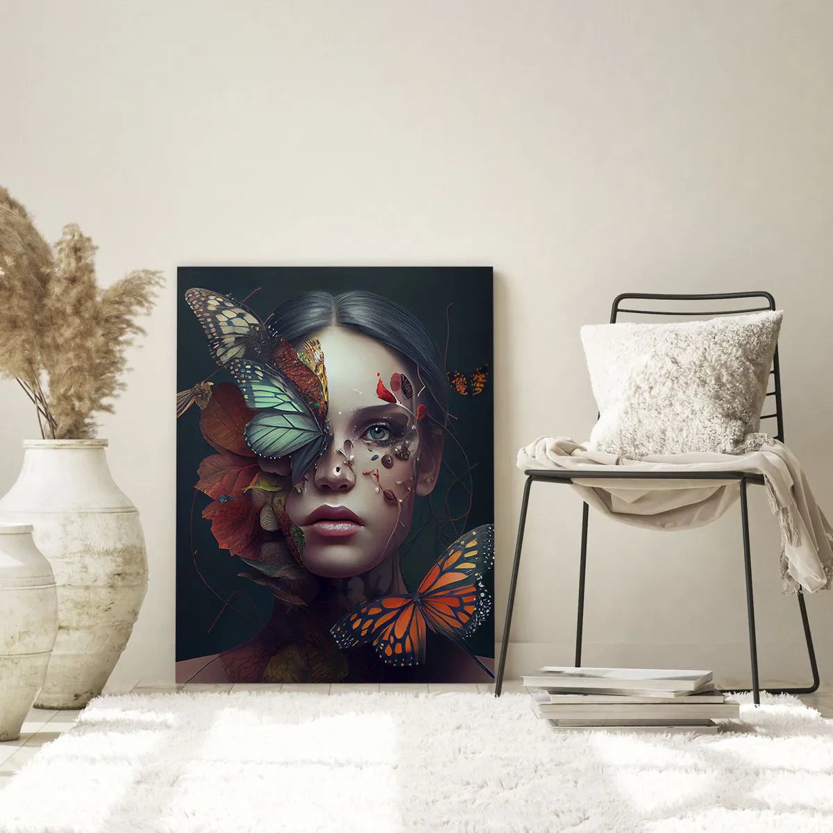 Glasbild - Bild auf glas - Porträt einer Frau mit Schmetterlingen und Pflanzenelementen - 80x120cm - Wunderbare Metamorphose - Moderne Wanddekoration für Wohnzimmer und Schlafzimmer ARTTOR