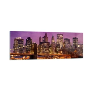 Glasbild - Bild auf glas - Violett-goldenes Manhathann - 90x30 cm